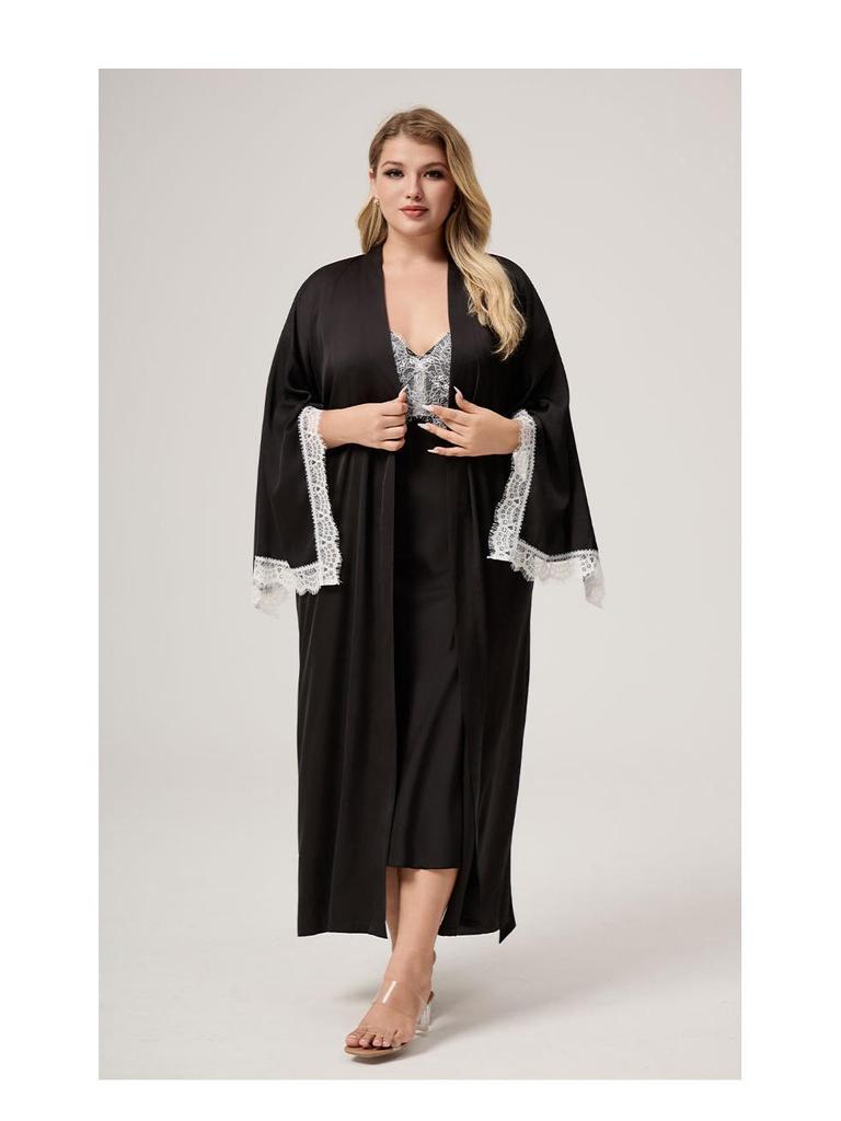 Yaoting Satin Chiffon Lace-Trimmed Women's Robe - Long Sleeve, Plus Size, Spring/Autumn Pajamas, CP3820