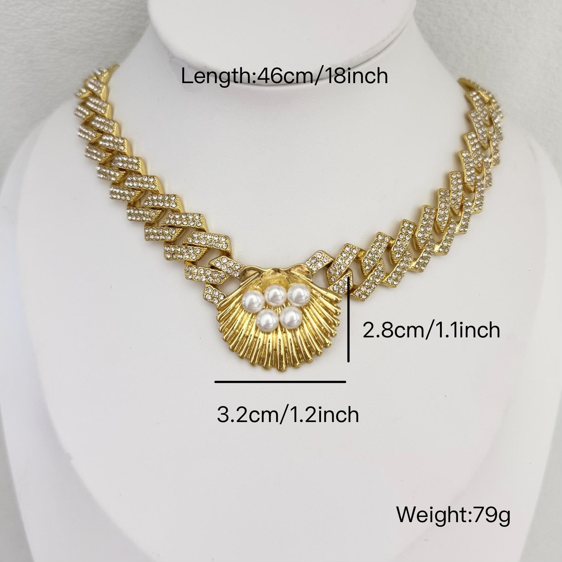 Hot Sale Full Diamond Cuban Chain Necklace, Gold Plated Shell Pearl Pendant Collarbone Chain Necklace