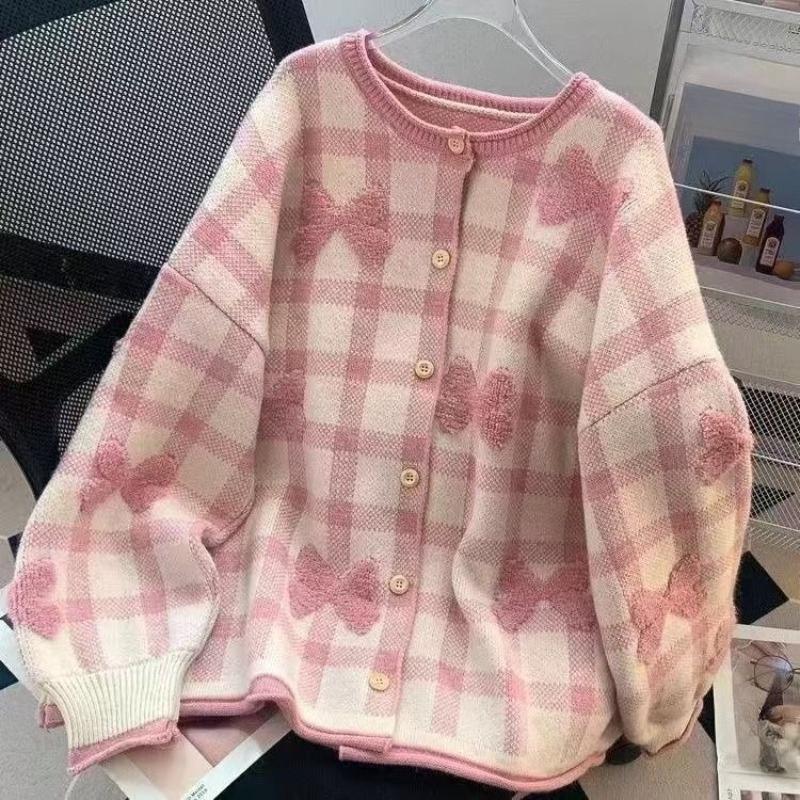 Women Solid Color Bow Plaid Sweater Korean Loose Round Neck Knitted Cardigan Autumn Versatile Lady Single Breasted Coat