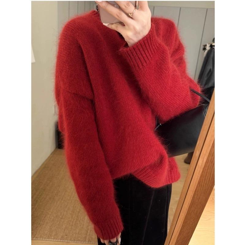 

Наденьте красный свитер для женской осенне-зимней новинки, вязаный свитер с круглым вырезом из енотовой шерсти, шерстяной свитер-топ one size fits all красный