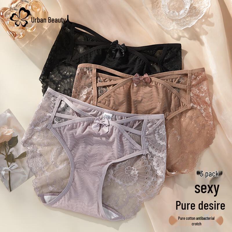Urban Beauty Women's Lace Bow Hollow Mid-Waist Lingerie 3-Pack