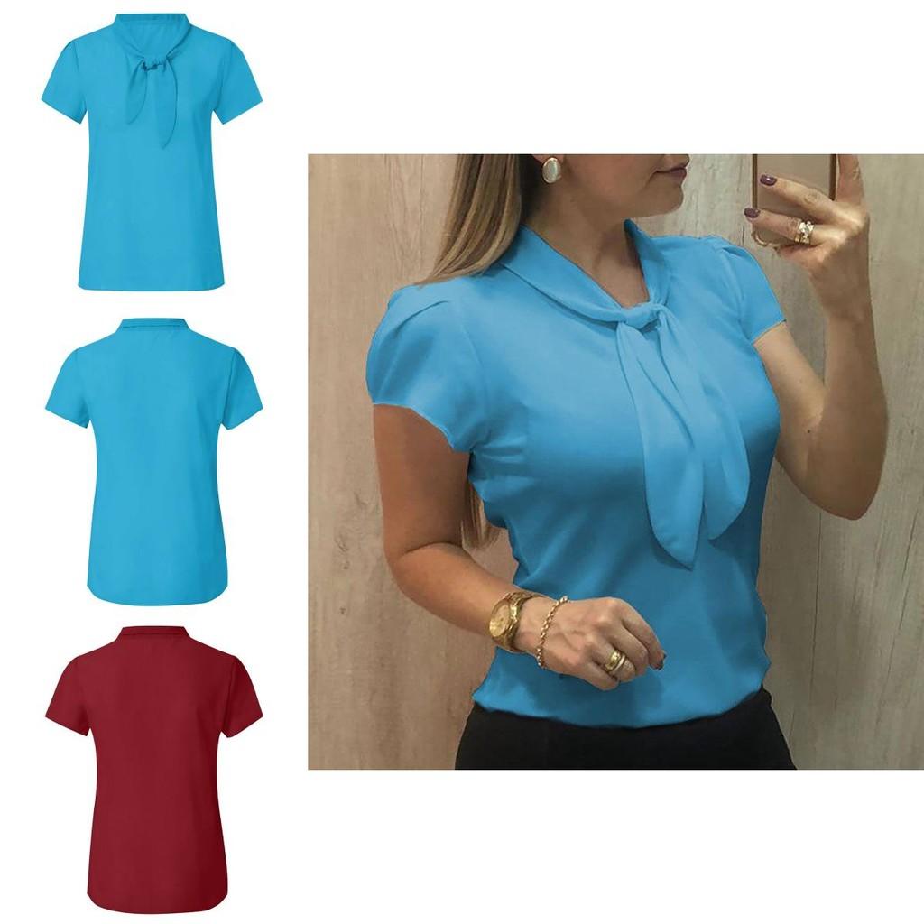 Elegant Women Short Sleeve Bow Chiffon T Shirt Blouse With Breathable Comfort For Ladies