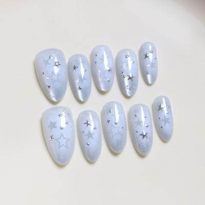 10 Pcs French White Almond Press On Nails With Sparkly Silver Star Art Reusable Adhesive False Nails
