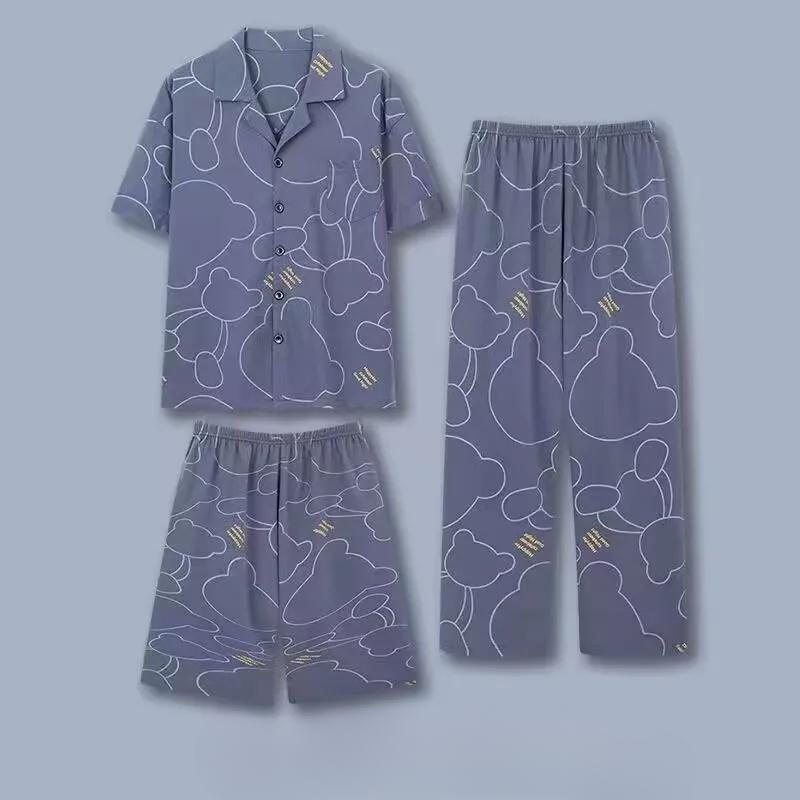 Pigiama da Uomo Abbigliamento da Casa Tre Pezzi Cotone da Uomo Primavera e Estate Maniche Corte Pantaloncini Pigiama Leggero Set Abbigliamento da Casa