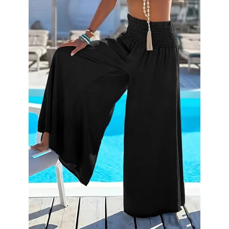 Spring Summer Solid Color High Waisted Ice Silk Trousers Casual Versatile Elastic Pocket Wide Leg Pant