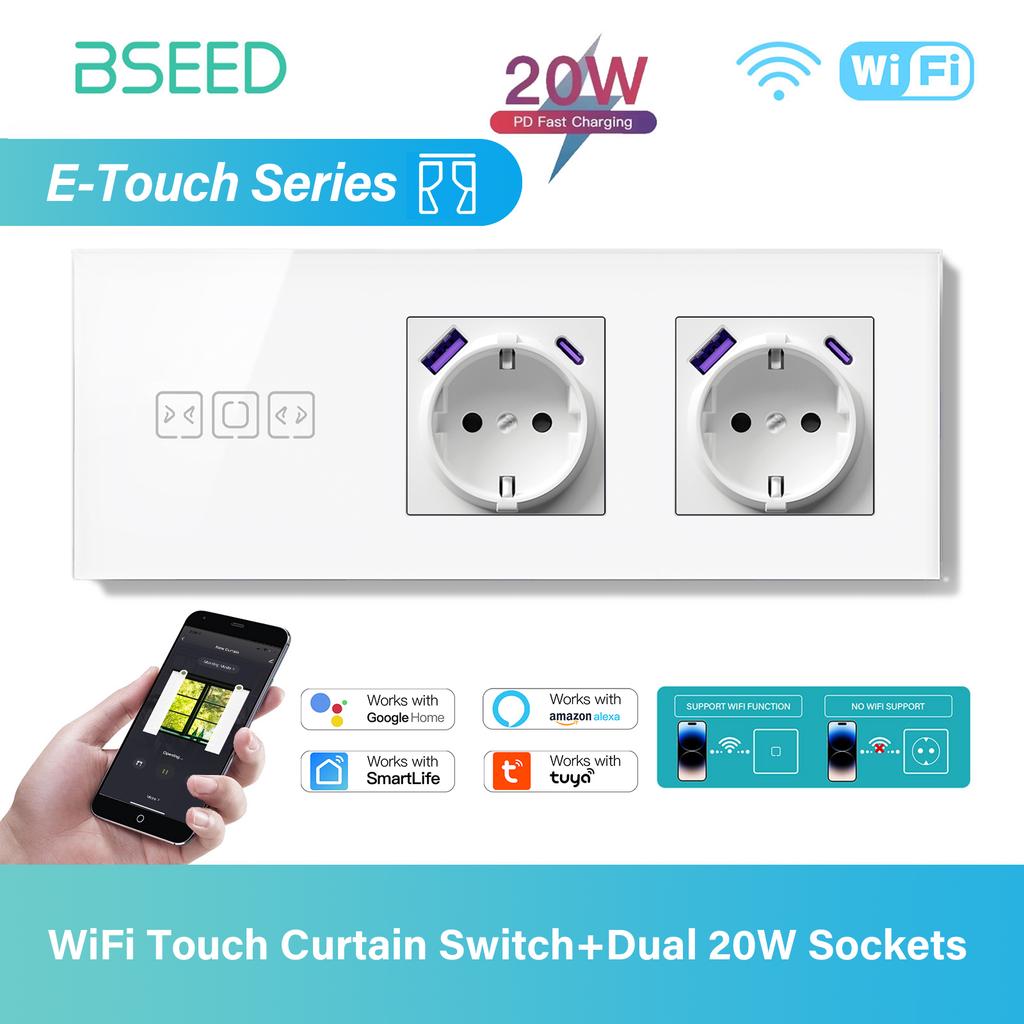 BSEED Tuya WIFI Curtain Switch Smart Touch Curtain Switches Glass Frame Tuya APP Switch EU Wall Sockets with USB-C for Villa Ho