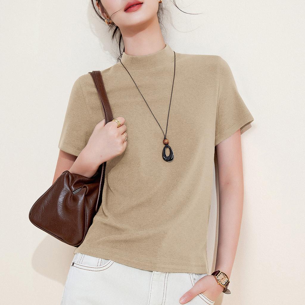 Mid-neck semi-turtleneck slim-fitting slim-fitting short-sleeved bottoming shirt women's top
