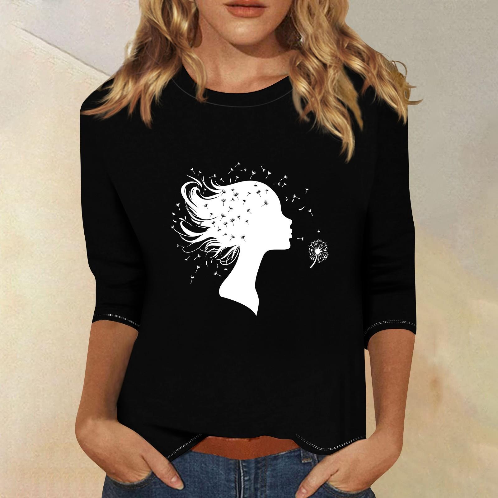 

3/4 рукава топы для женщин футболка повседневные принты топы футболка круглый вырез пуловер блузка L чёрный