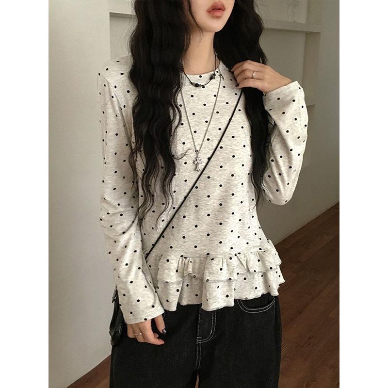 Women's Autumn Ribbed Velour Polka Dot Ruffle Hem Top