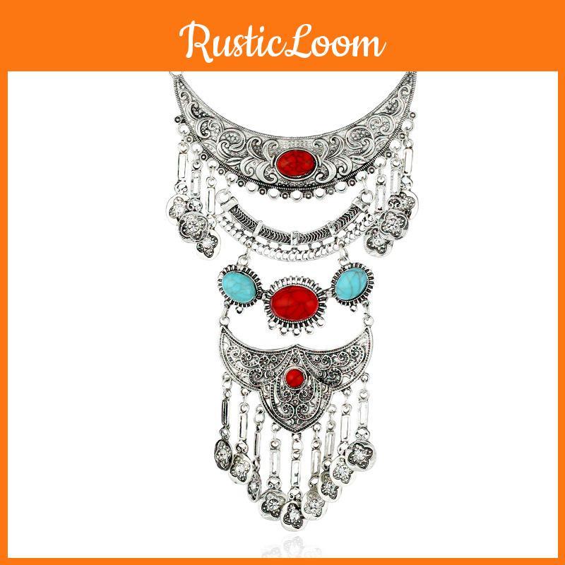 Women Vintage Long Tassel Necklace With Gemstone Leaf Art Accessory Jewelry