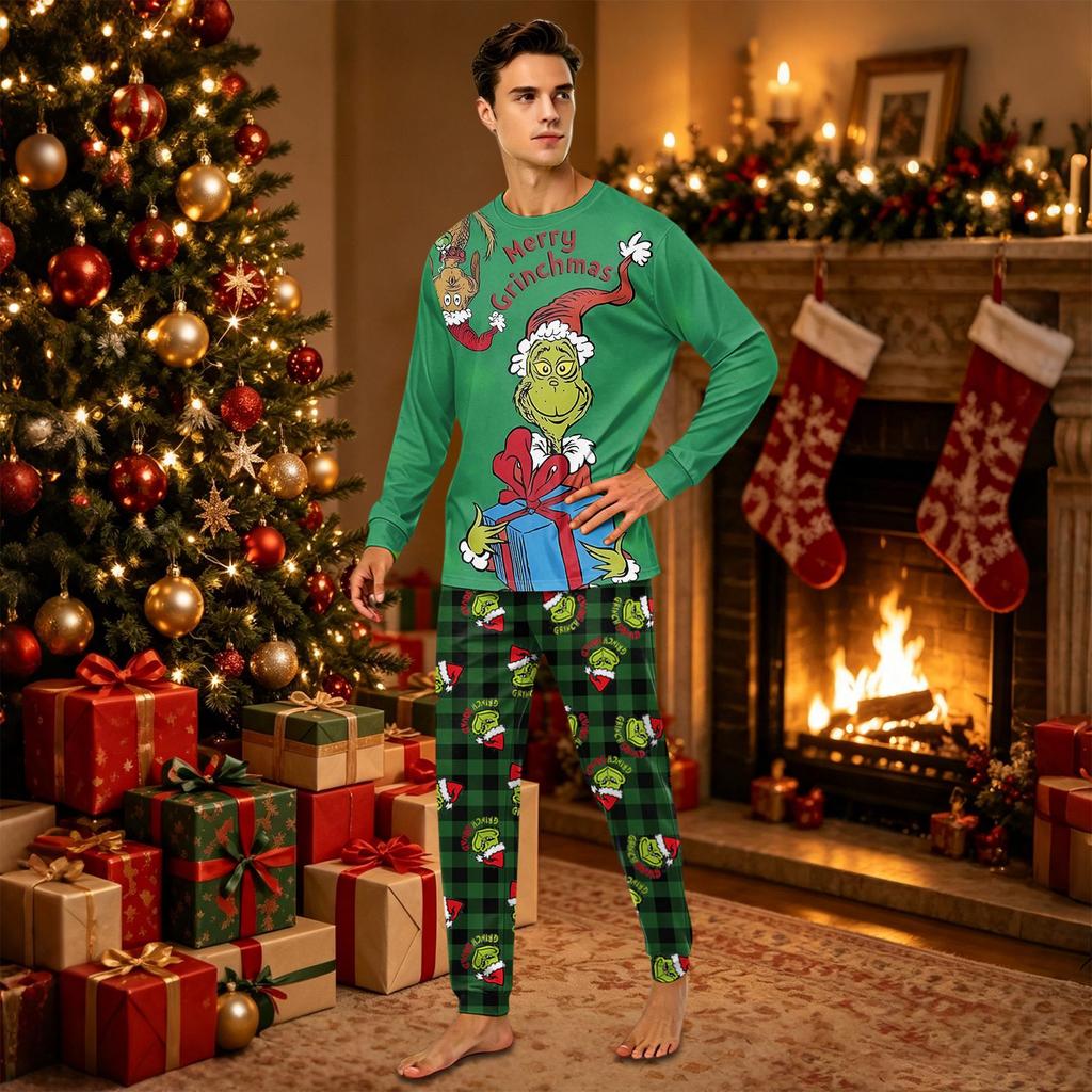Christmas Family Matching Pajama Set with Festive Print, Long Sleeve and Long Pants for Parents and Kids