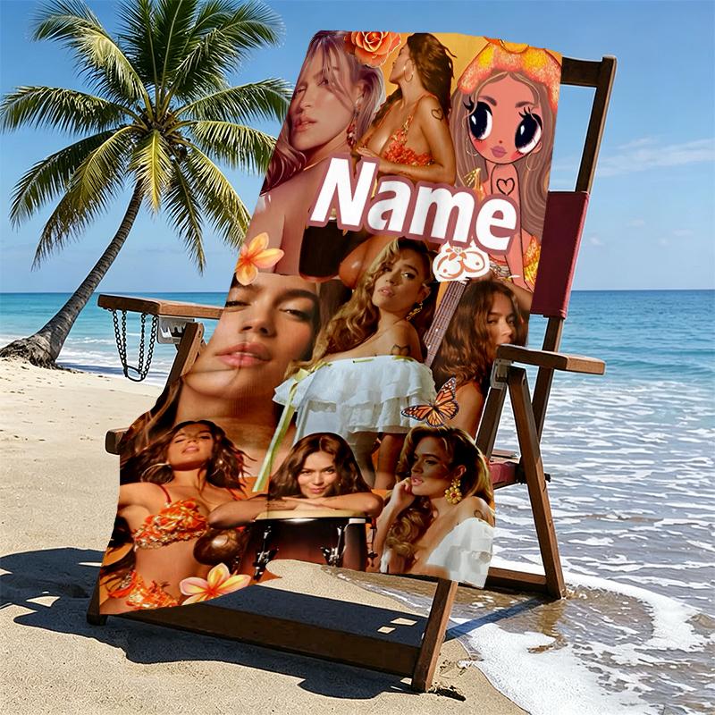 Custom Name Personalized Karol G Print Beach Towel, for Trip Camping Beach Party Home Decor, Birthday Gift for Family & Friends
