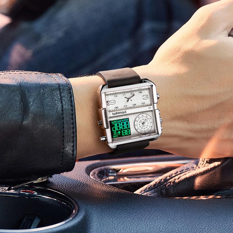 Mark Fairwhale Men's Geometric Retro Square Watch with Genuine Leather and Alloy