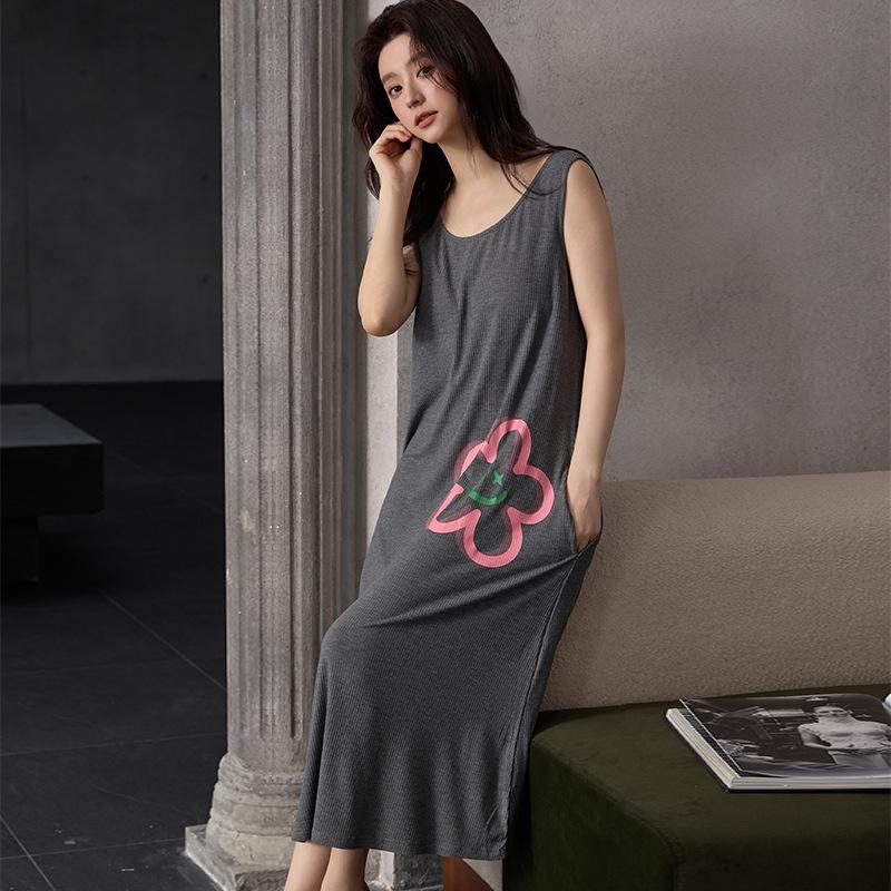 With chest pads, summer new modal nightgown women's sleeveless vest long skirt can be worn outside simple loungewear nightgown