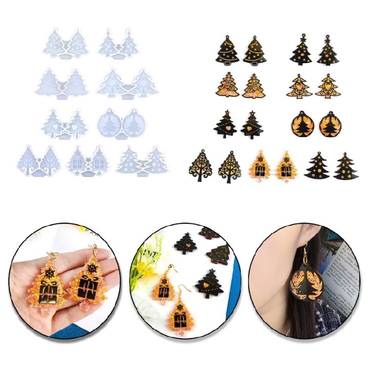 9Pcs Epoxy Geometric Mold Christmas Tree Earrings Pendant Keychain Silicone Mold