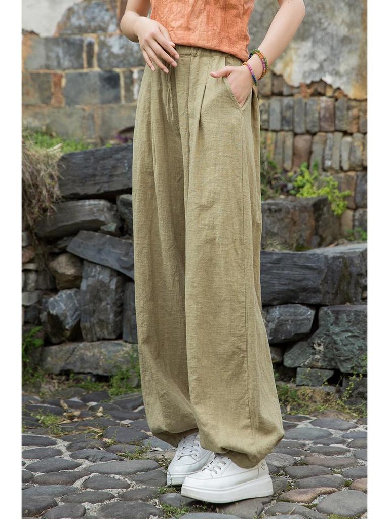 2025 Women's Summer Cotton Linen Ramie Sand-Washed Drawstring Lantern Pants - Distressed & Versatile