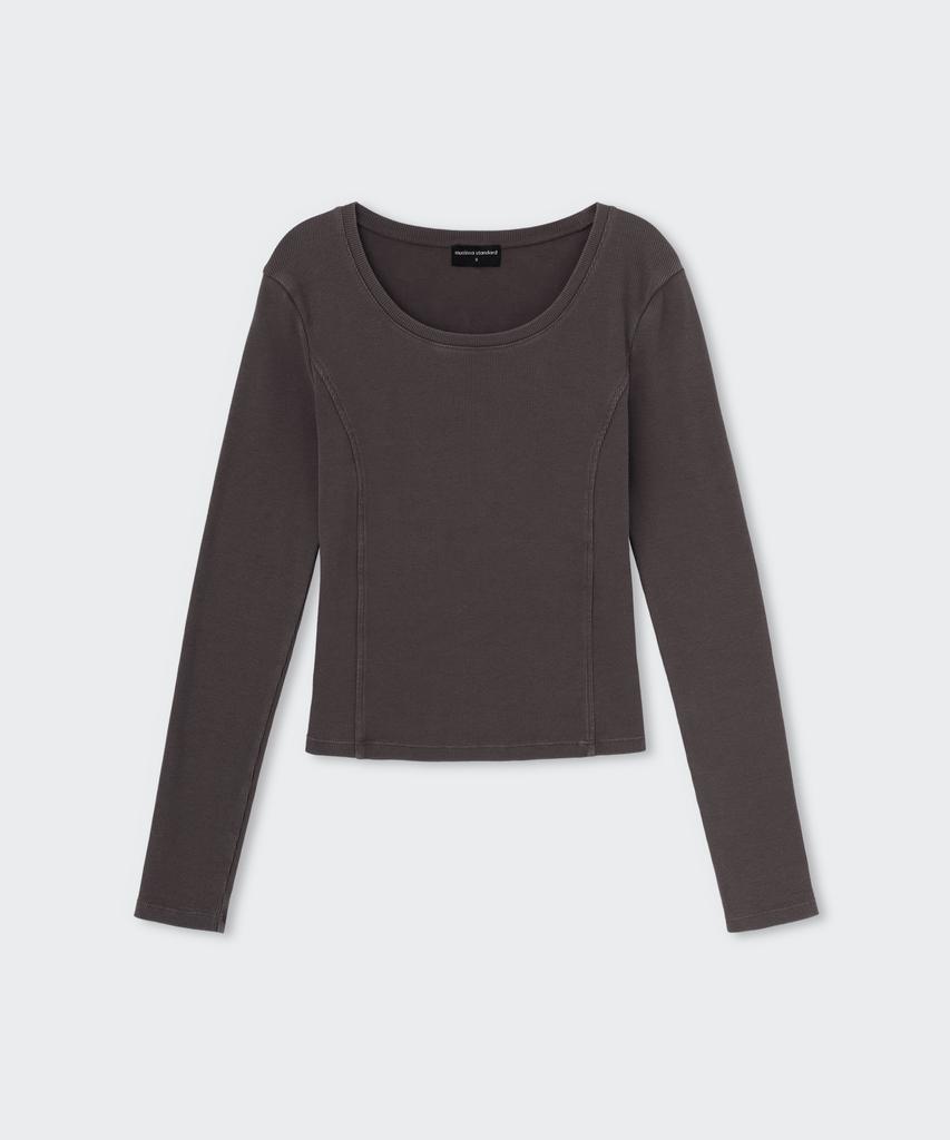 MUSINSA STANDARD WOMAN Pigment Ribbed Slim Scoop Neck Long Sleeve T-Shirt [Charcoal Gray]