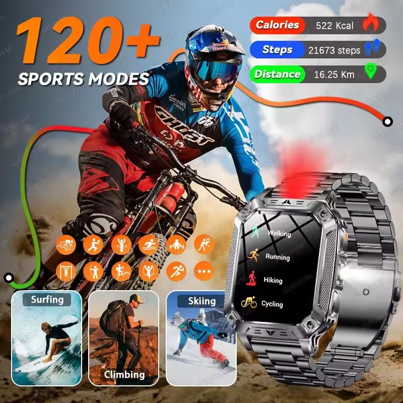 2026 New Men upgraded 1400mAh Battery GPS Heart Rate Flashlight BT Call 10ATM Waterproof 100+Sport Modes AMOLED HD Capacity Smart Watch