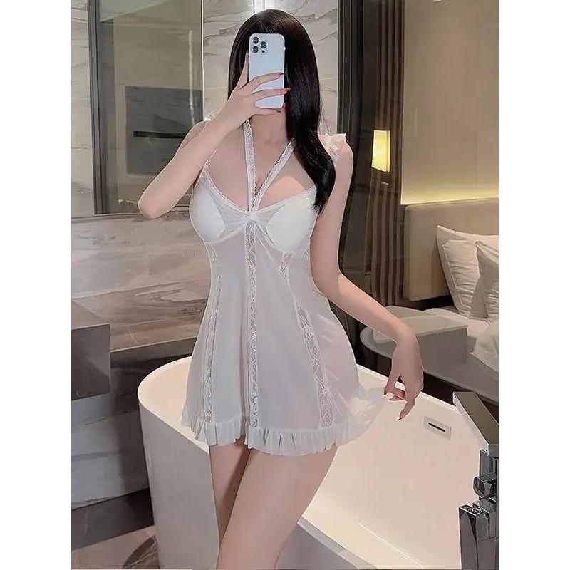 Halter Neck Strap Nightdress Sexy Hot Deep V Sleepwear Home Pure Desire Sexy Lace Sheer Nightdress For Women Sweet Top R7P2