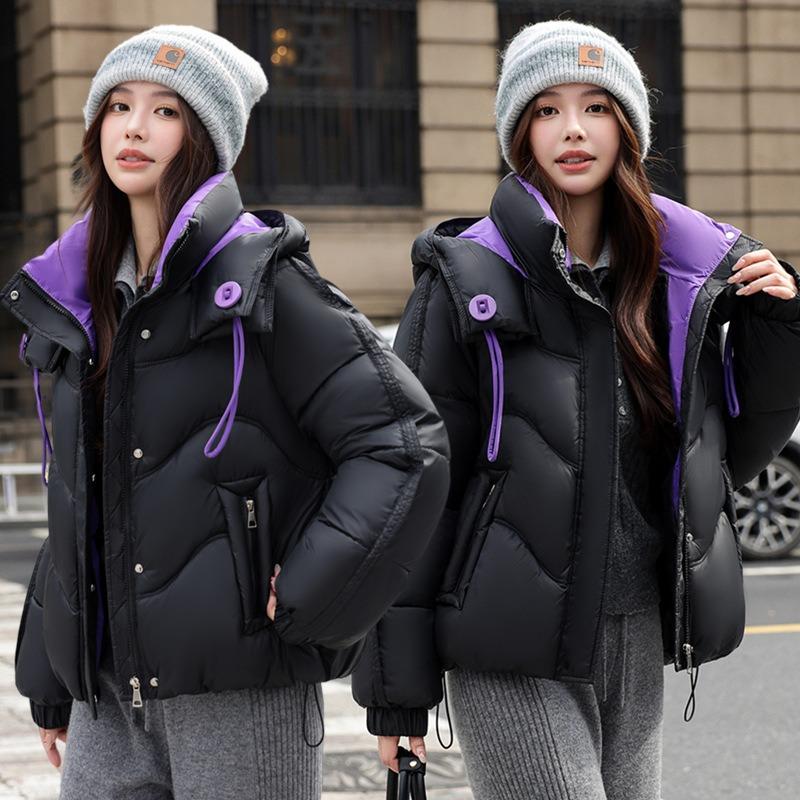 Cold-proof clothes women's short hooded contrasting colors winter new large-button casual cotton-padded clothes and cotton-padded jackets