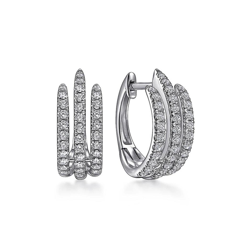 Three Vertical Paved Bar Curved Click Hoop Earrings Women Trendy Bling Ear Jewelry
