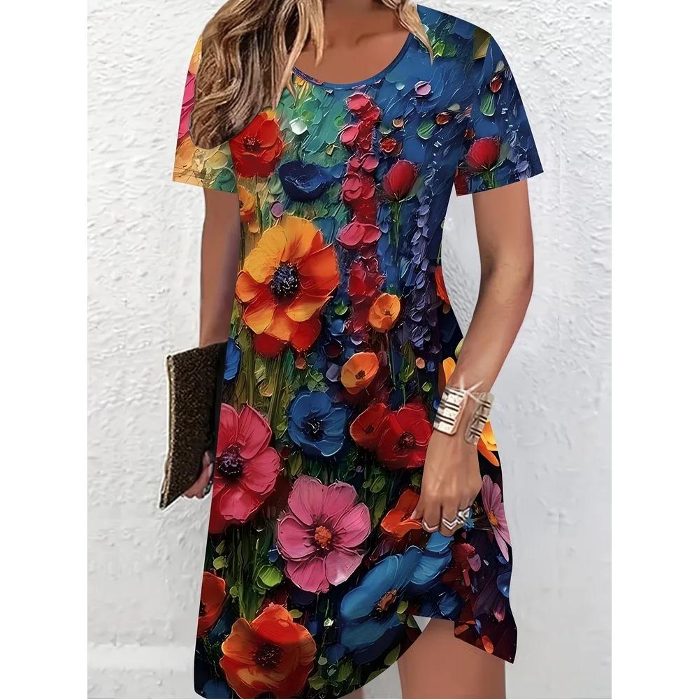 Creative Retro Colorful Flowers Patterns Women Mini Dresses Summer Short Sleeve Printed Plus Size Casual Comfortable Soft Dress