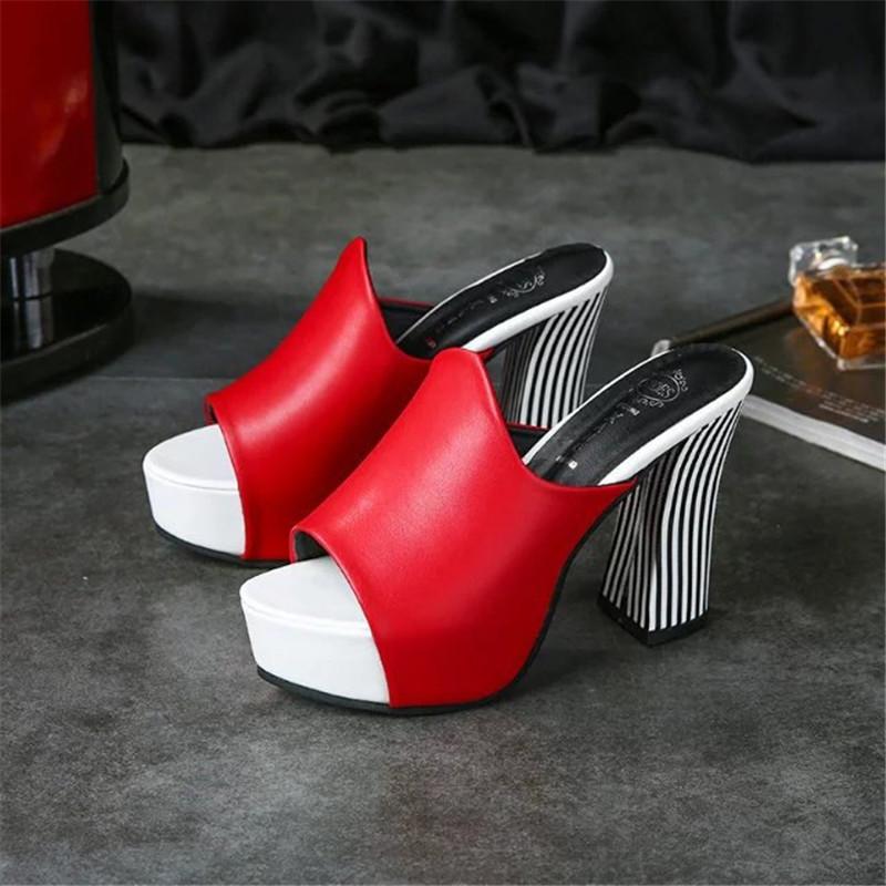 Summer Sexy Women Elegant Red High Heel Sandals Peep Toe Platform Shoes Zebra Chunky Heel Shoes Lady Thick Heel Fashion 34-40