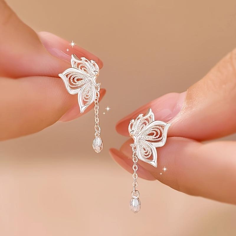 Pair of Elegant Hollow Butterfly Tassel Earrings – Hypoallergenic Silver Plated, Romantic Choice for Special Occasion & Meetings