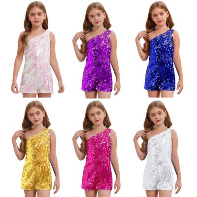 Meisjes Dansfeest Romper Glanzende Pailletten Eén Schouder Sleutelgat Mouwloos Jumpsuit Korte Bodem Balzaal Outfit