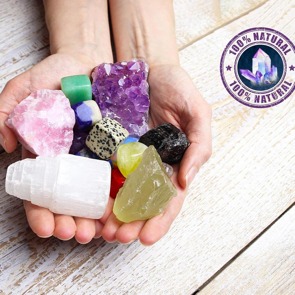 16 Large Natural Healing Crystals Set In Wooden Box - Tumbled, Rough & Raw Crystals, Including Selenite Tower, Black Tourmaline, Amethyst, Rose Quartz