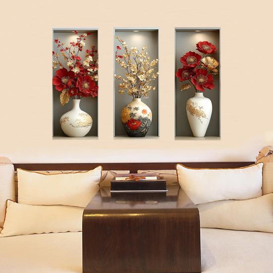 3 Sheets 3D Flower Vase Wall Stickers Faux Floral Wall Decals Peel And Stick Wall Art Mural for Living Room Bedroom Office Home Decor