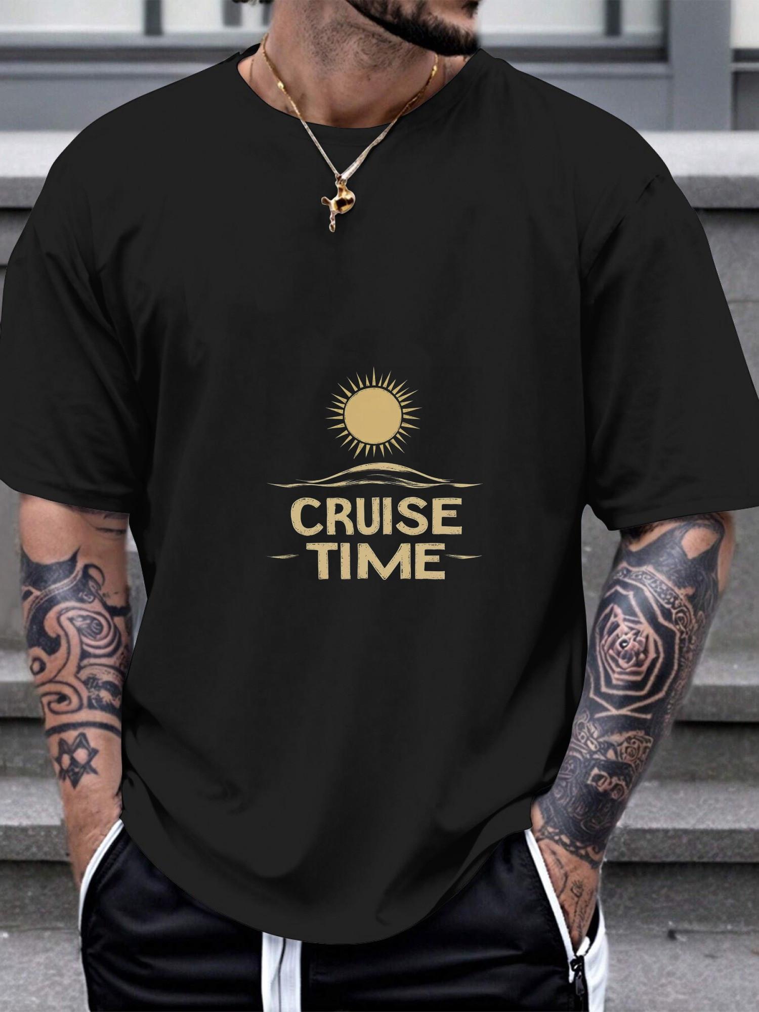 1pc Cruise Time Bold Sun Graphic T-shirt - Black with Golden Print XXXL