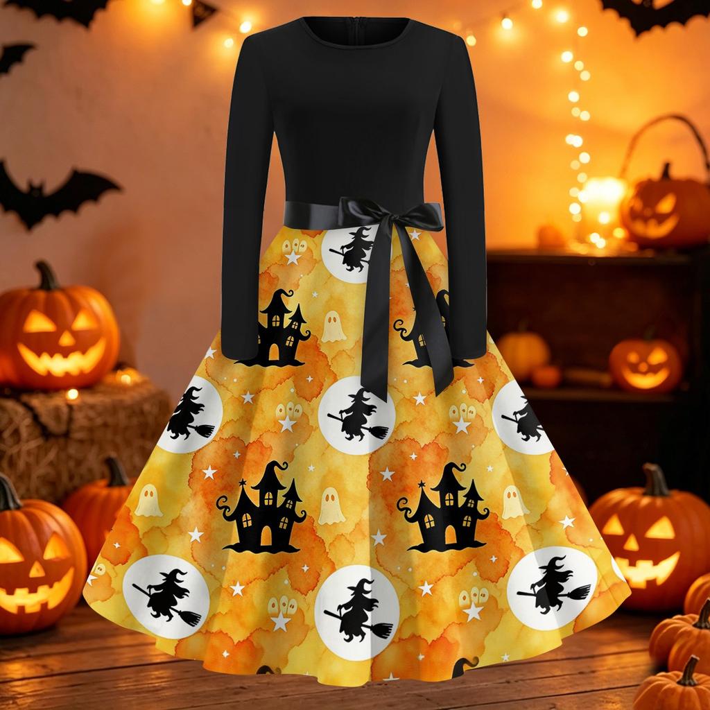 Women's Casual Long Sleeve Fit and Flare Dress Round Neck Halloween Print Full Skirt Midi Dress with Waist Tie for Everyday Wear