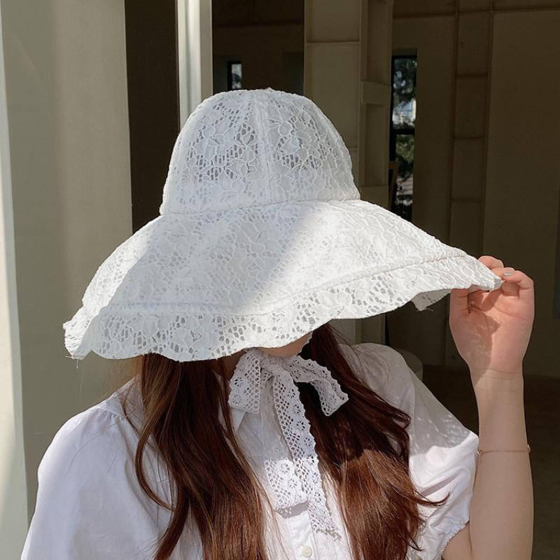 My Extreme Outdoor Activities Women's Black White Lace Bucket Hat Wide Brim Sun Hat Lace Cap Summer White Lace Party Wedding Packable Beach Hat 56-58Cm