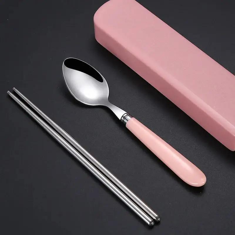 Portable Stainless Steel Cutlery Suit with Storage Box Korean Style Chopstick Fork Spoon Travel Kitchen Tableware Dinnerware Set