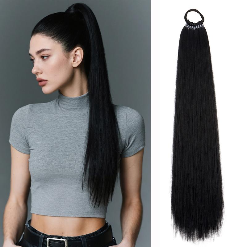 22 inch Synthetische Lange Rechte Paardenstaart Haarverlenging Elastische Band Gevlochten Paardenstaart Zwart Bruin Haarstuk voor Vrouwen 22inches gray