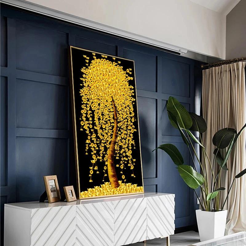 Golden Tree Rich Money Nordic Art Canvas Painting Wall Art Posters Prints Wall Pictures for Living Room Home Wall Cuadros Decor Frameless