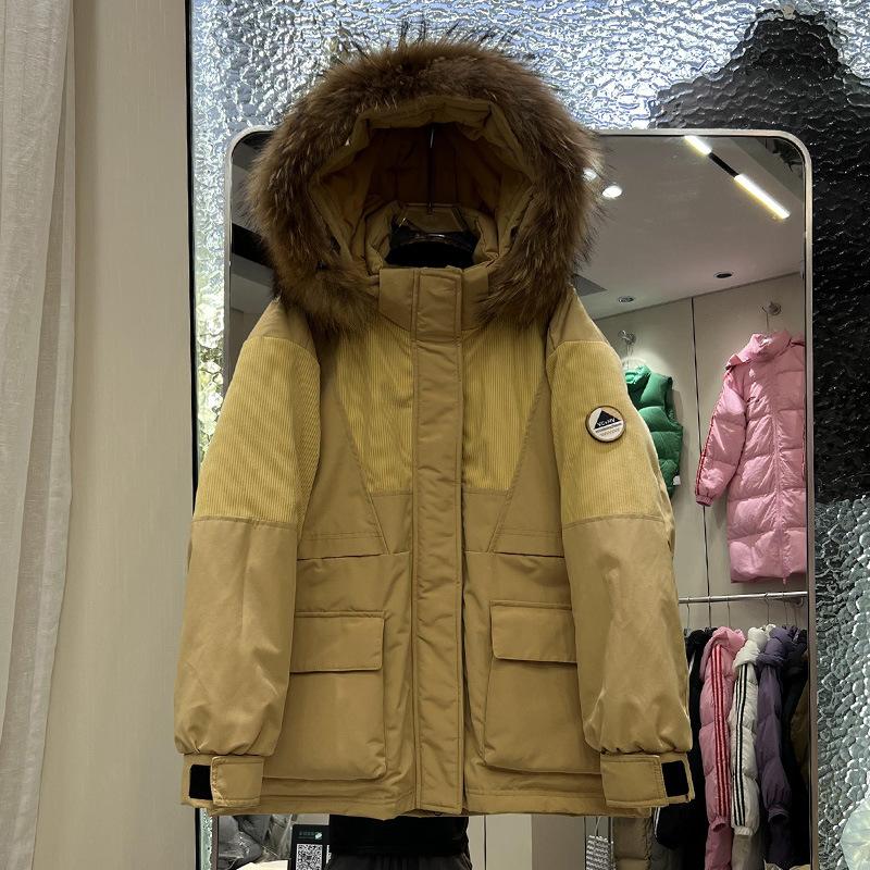 New Big Fur Collar Down Jacket Women's Medium and Long Loose Thickened Hooded Tooling Pie To Overcome Couple's Coat