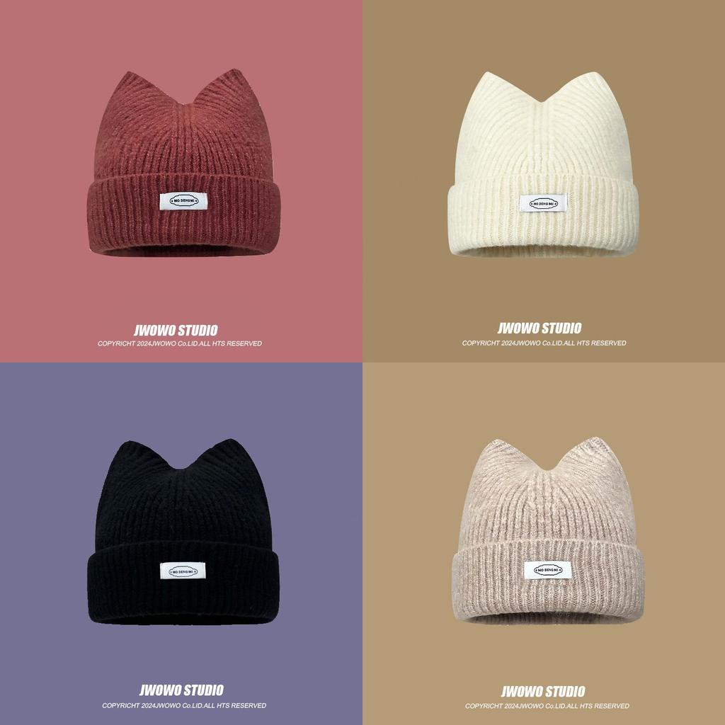 Knitted Cat Ear Letter Beanie Hat For Women Winter Warmth Casual Style