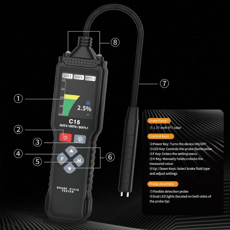Flexible Tip Brake Fluid Tester with Electronic LCD Readout for Automotive and Motorcycle Maintenance and Routine Fluid Condition Checks