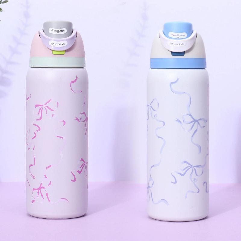 Ribbon Bow Pattern Print Water Bottle Thermos Cup For Sports Travel School Gift