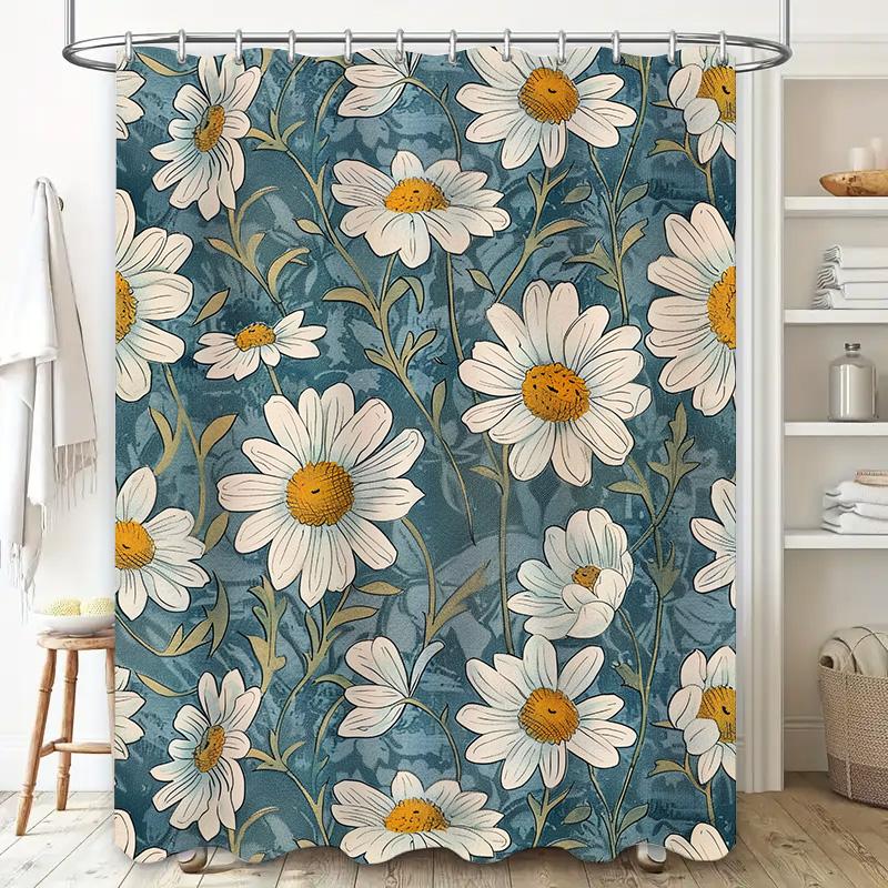 White Daisy Shower Curtain Waterproof Home Decor Bathroom Wall Hanging Floral Print Fabric Water Repellent Curtains For Bathroom