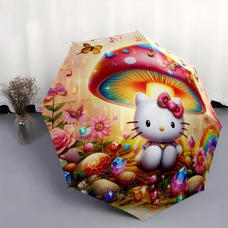 1pc Hello Kitty Mushroom Automatic Opening Folding Umbrella - Portable 3-Fold Design with Iron Frame, Outdoor for Fans, Travelers, Everyday Use, Festi