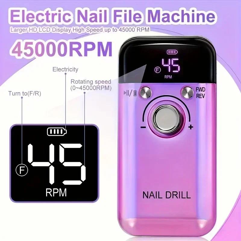45000RPM electric nail drill with LCD low noise rechargeable nail polisher for polishing gel nail polish.