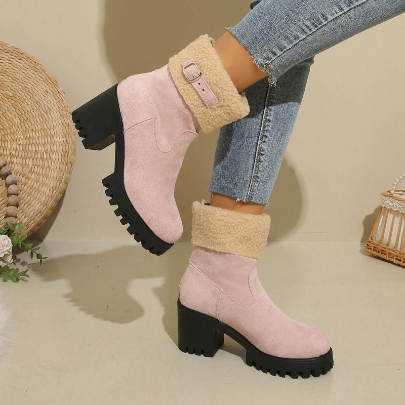 New Large-sized Women's Shoes with Belt Buckles, Thick Heels and Warm Flip-over Snow Boots
