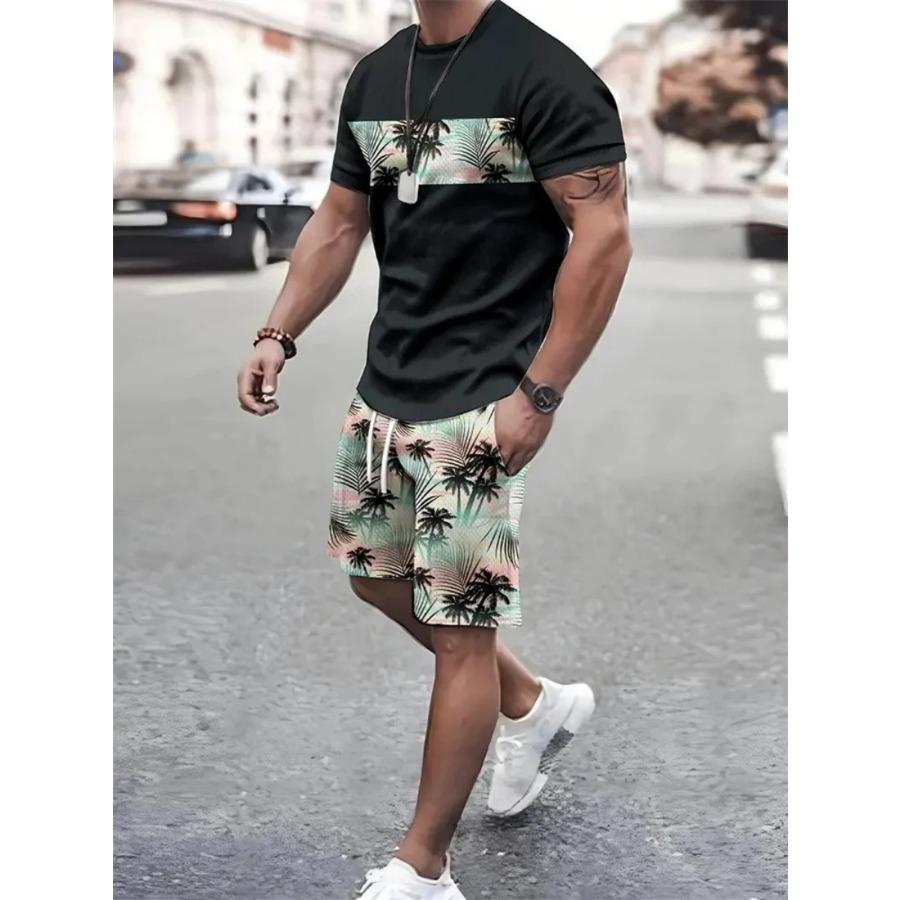 Summer Men's Sailor Short Sleeve Set Anchor Print Pattern Short Sleeve Shorts Set Men's Crew Neck T-Shirt and Drawstring Shorts