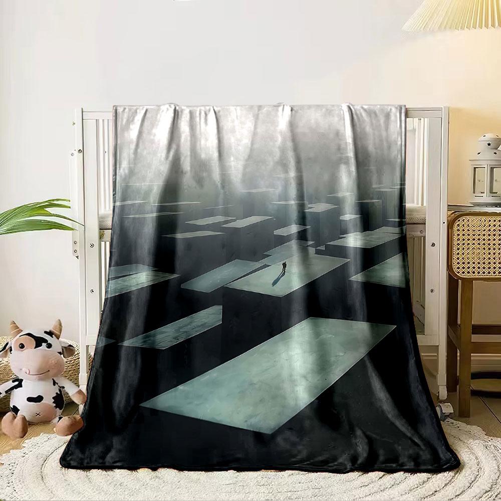 A person stands amidst large rectangular blocks in a foggy, surreal scene. for all seasons blanket lunch break throw gift 80cm x 120cm