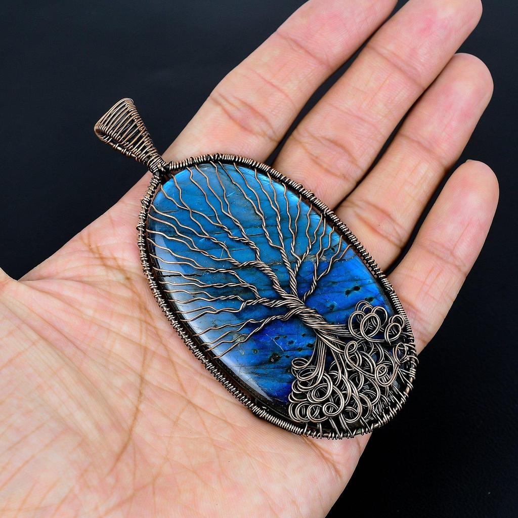Tree Of Life Labradorite Pendant, Handmade Gemstone 999 Copper Wire Wrap Pendant Antique Jewelry, For Gift Silver Jewelry