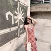 Summer new lace V-neck red plaid suspender skirt Spice girl style waist and thin holiday hip-wrapped dress