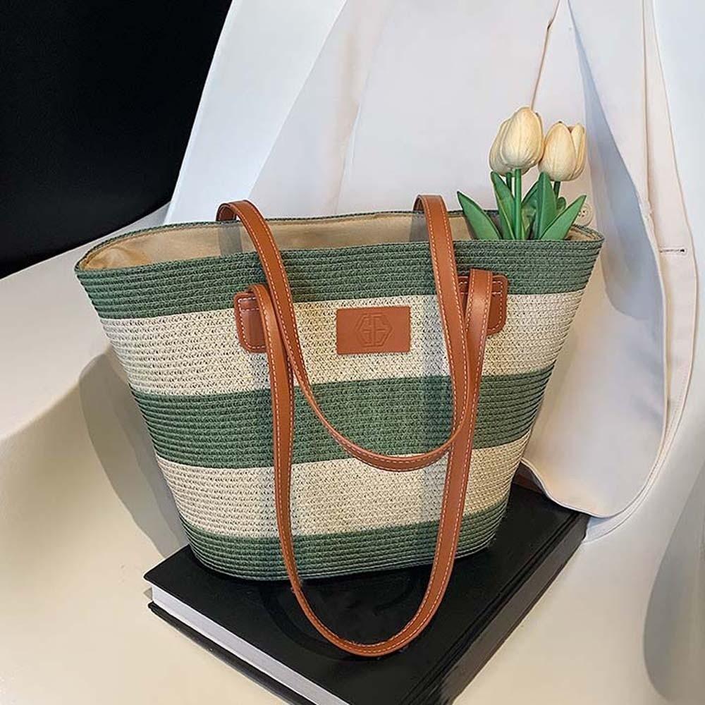 Lightweight Stripe Woven Tote Bag Polyester Summer Beach Handbag Shopping Straw Bag  School
